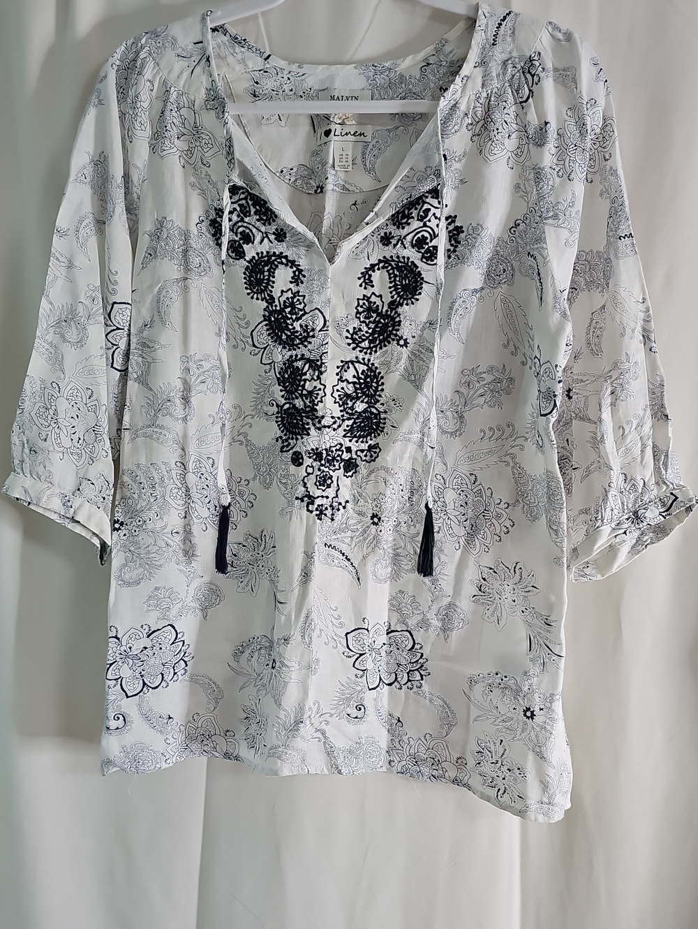 Malvin White Tunic with Navy Paisley Embroidery